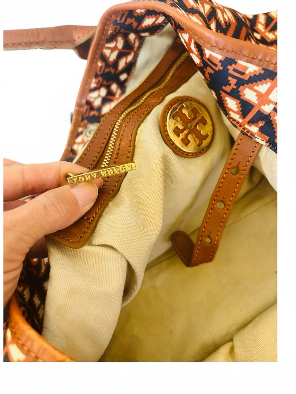Tory Burch Ella Aztec Navy and Orange Geometric Tote with Brown Leather Handles - Picture 11 of 12